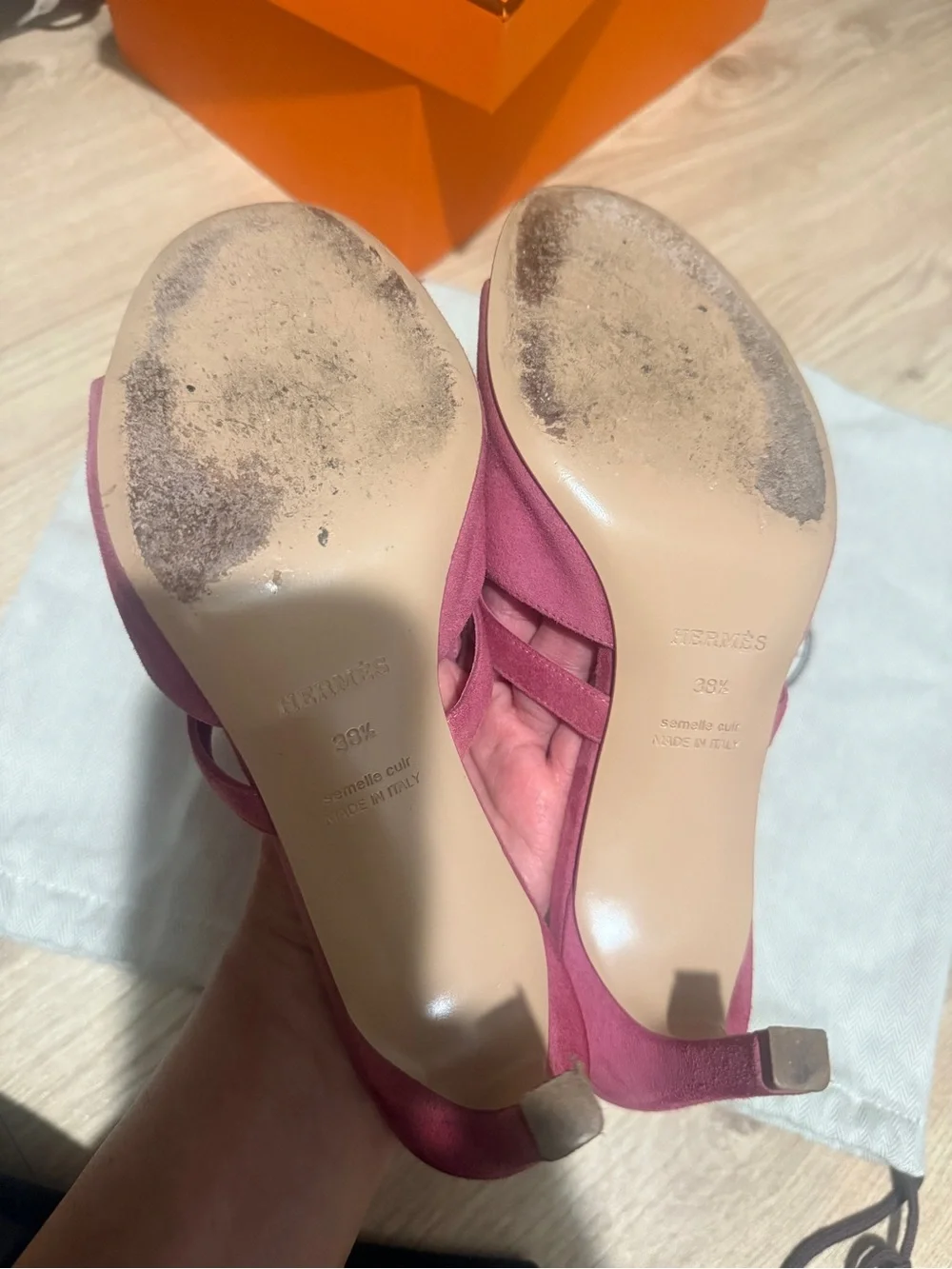 Hermès Sandals – Rose Suede with Palladium Kelly Hardware
